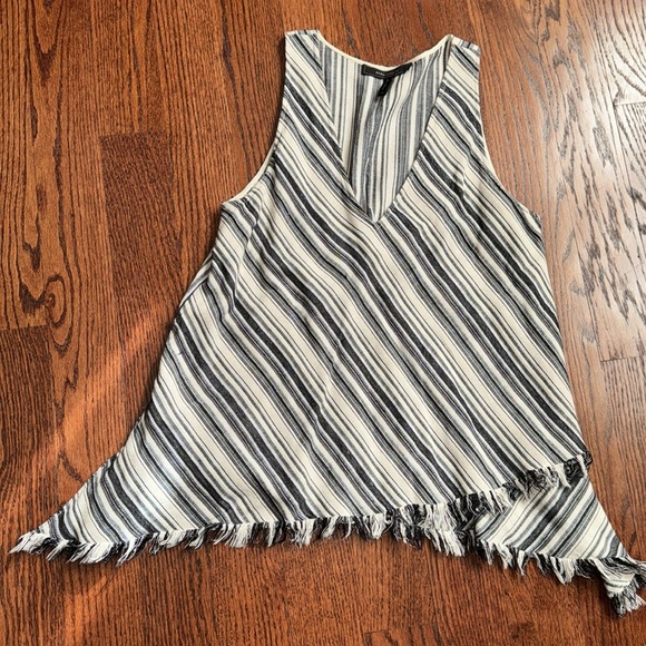 BCBG Maxazria striped cream/black asymmetrical V neck fringe tunic - size M - Picture 2 of 7